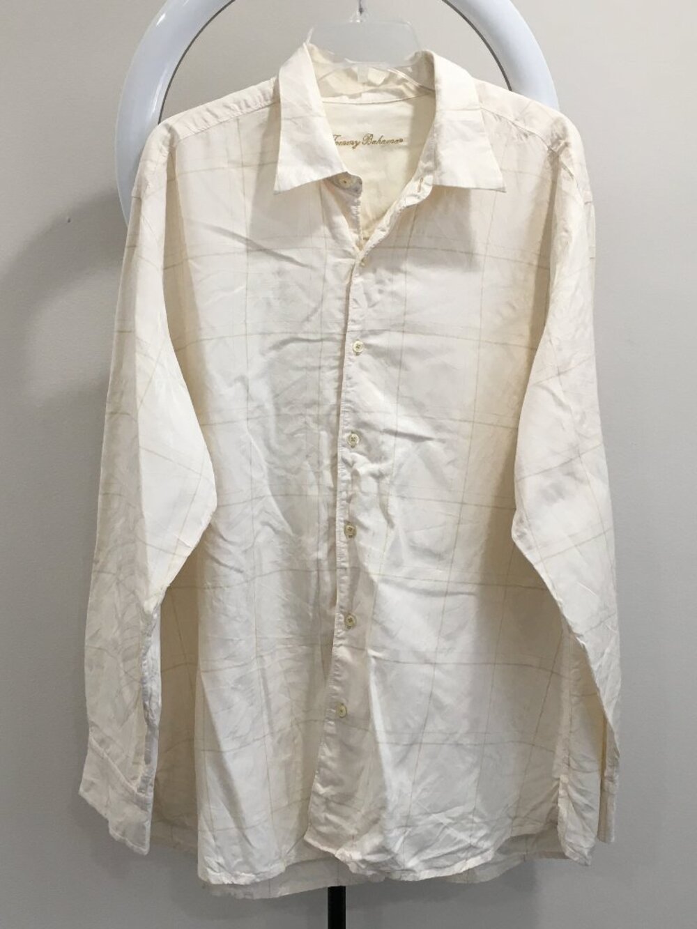 TOMMY BAHAMA Ivory/Beige Silk Cotton Blend Embossed/Embroidery Leaf Button Shirt